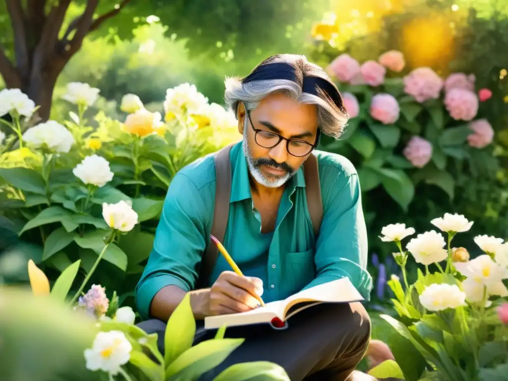 Un poeta inspirado escribe en un jardín soleado entre flores, evocando estrategias de marketing para poesía