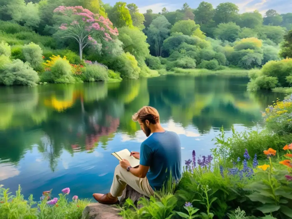 Un poeta inspirado escribe junto al lago, rodeado de naturaleza exuberante y flores silvestres