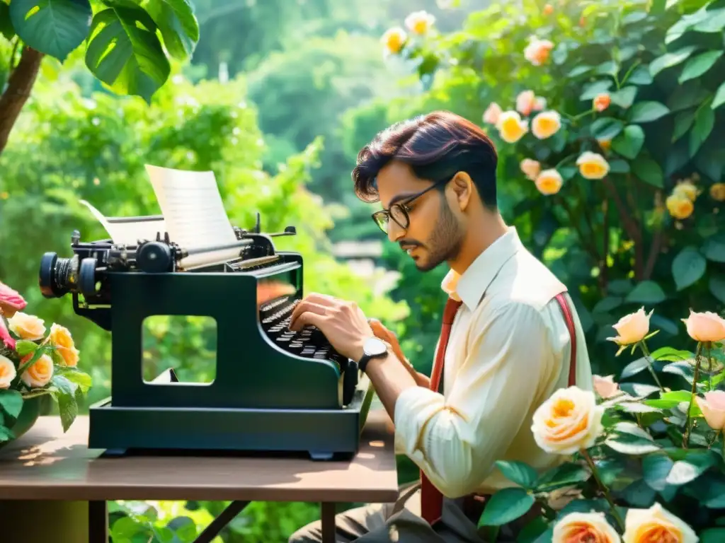 Un poeta inspirado escribe en una máquina rodeado de naturaleza exuberante