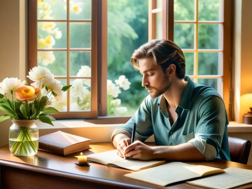 Un poeta inspirado escribe con pluma en medio de flores, bajo cálida luz