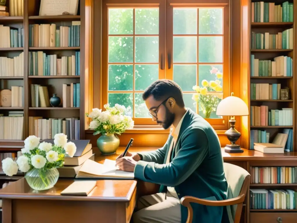 Un poeta inspirado escribe rodeado de flores en una escena detallada en acuarela