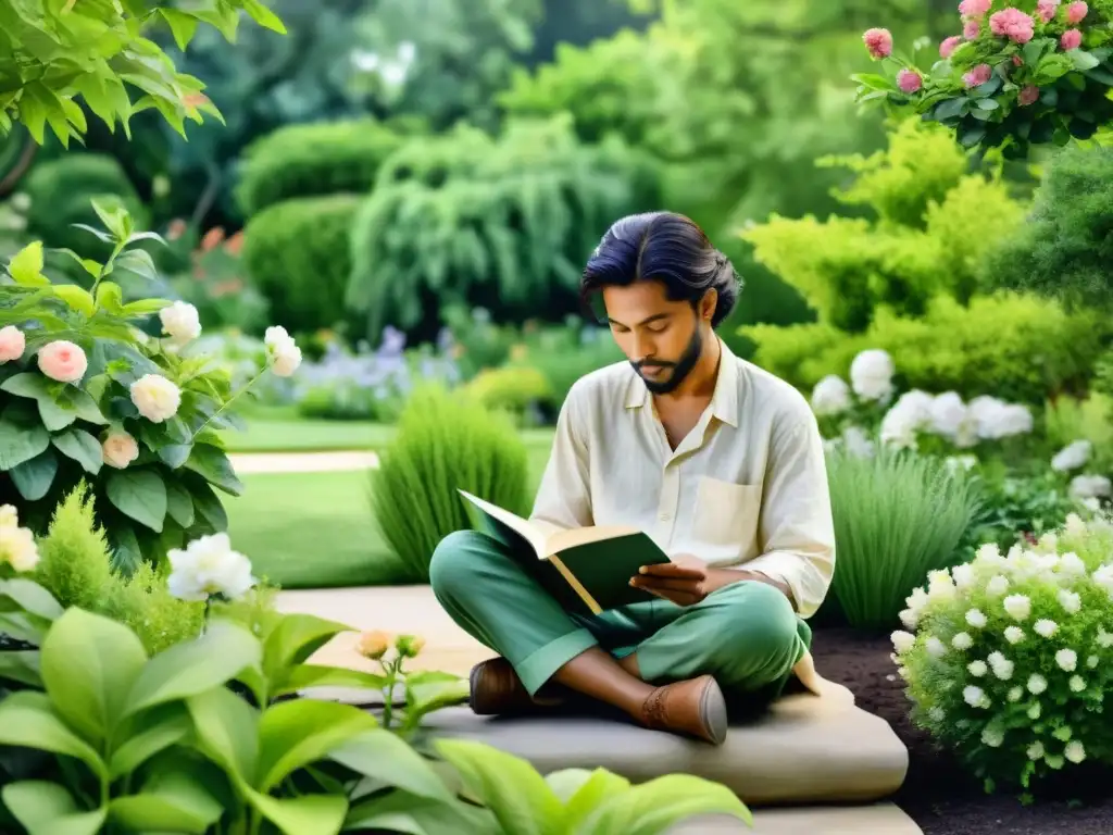 Poeta inspirado en jardín sereno, rodeado de flores y vegetación exuberante, escribiendo en cuaderno