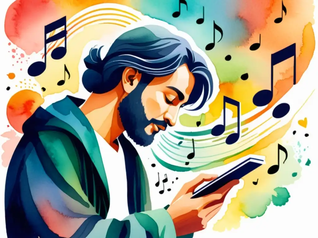 Un poeta inspirado componiendo versos en una app de poesía y música, rodeado de notas y colores vibrantes