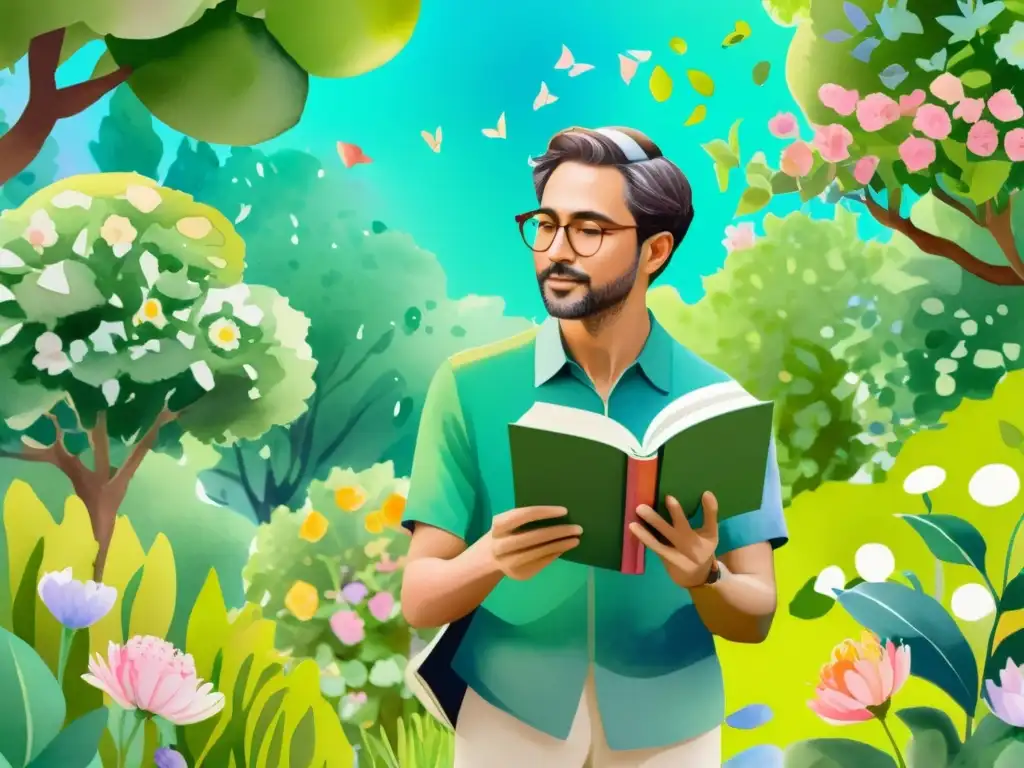 Un poeta se encuentra en un jardín exuberante, rodeado de palabras flotantes y hologramas que dan vida a su poesía a través de las épocas