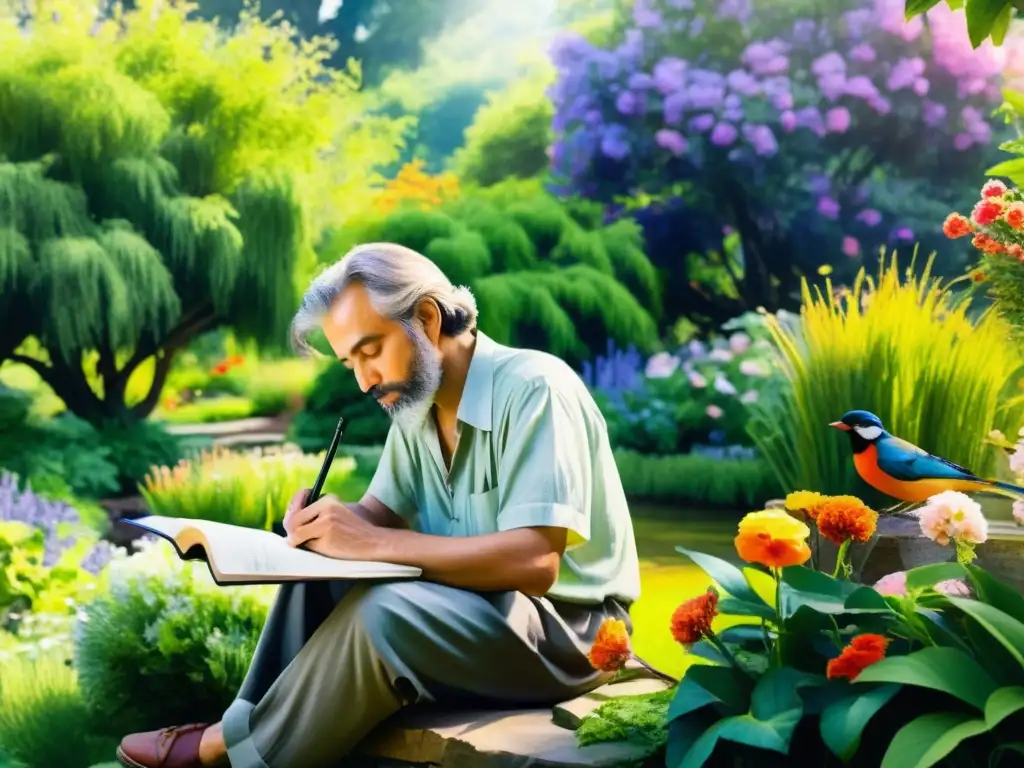 Un poeta se inspira en un jardín soleado rodeado de flores y aves, escribiendo en su cuaderno