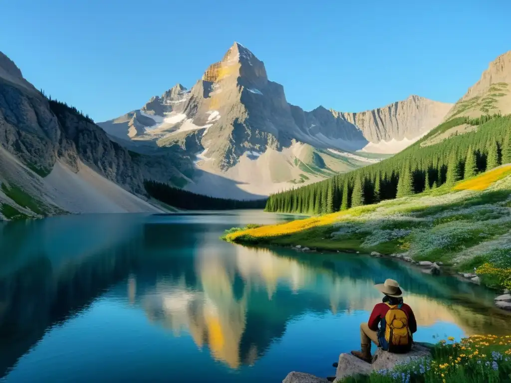 Un poeta escribe junto a un lago en un paisaje montañoso sereno y majestuoso