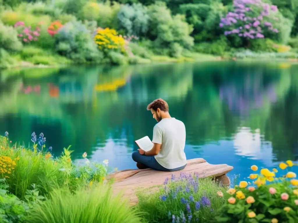 Un poeta se sienta junto a un lago tranquilo, rodeado de exuberante vegetación y flores silvestres