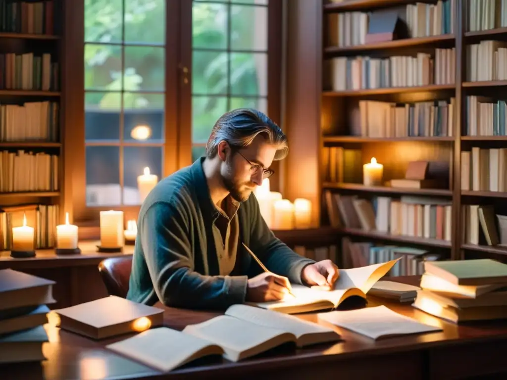 Un poeta escribiendo apasionadamente entre libros en una habitación iluminada por una suave luz, inspiración y protección derechos autor poesía