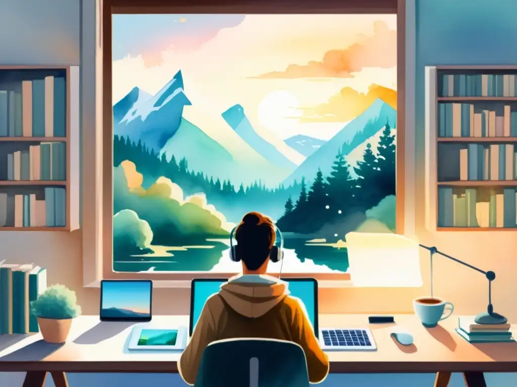 Un poeta diseña libros de poesía digital en un ambiente acogedor con elementos digitales y naturales fundiéndose armoniosamente