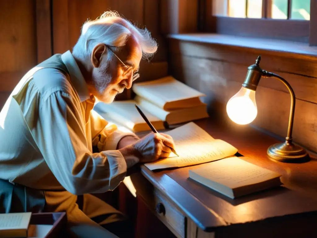 Un poeta mayor preservando la esencia poética en su acogedora habitación llena de libros y luz cálida