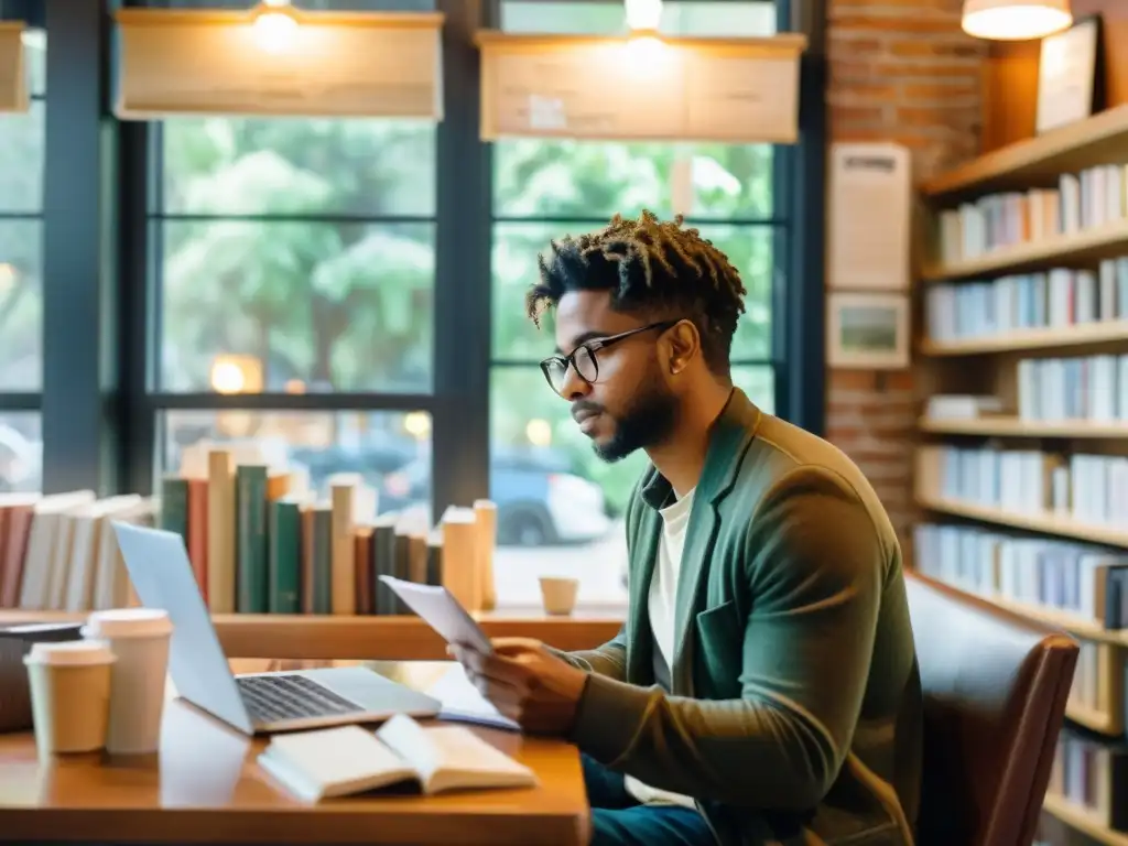 Un poeta moderno en una acogedora cafetería rodeado de libros, escribiendo en su cuaderno con una transmisión de lectura de poesía en su laptop y smartphone