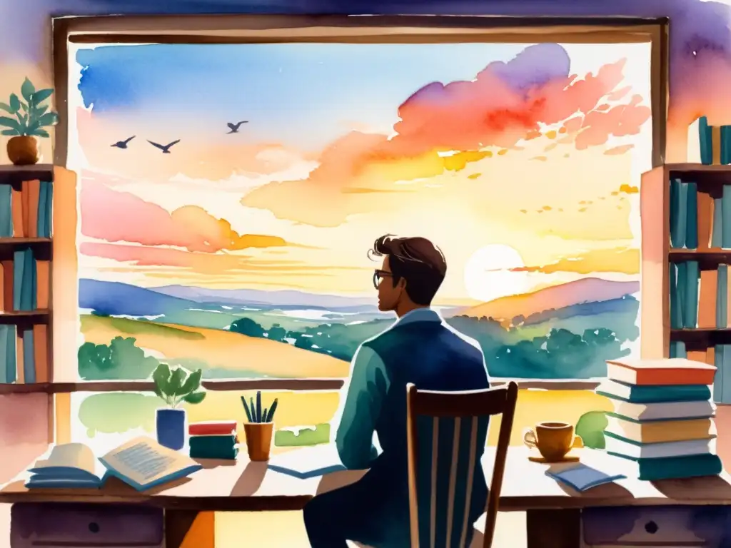 Un poeta moderno contempla el atardecer sobre un paisaje tranquilo, rodeado de libros y plumas