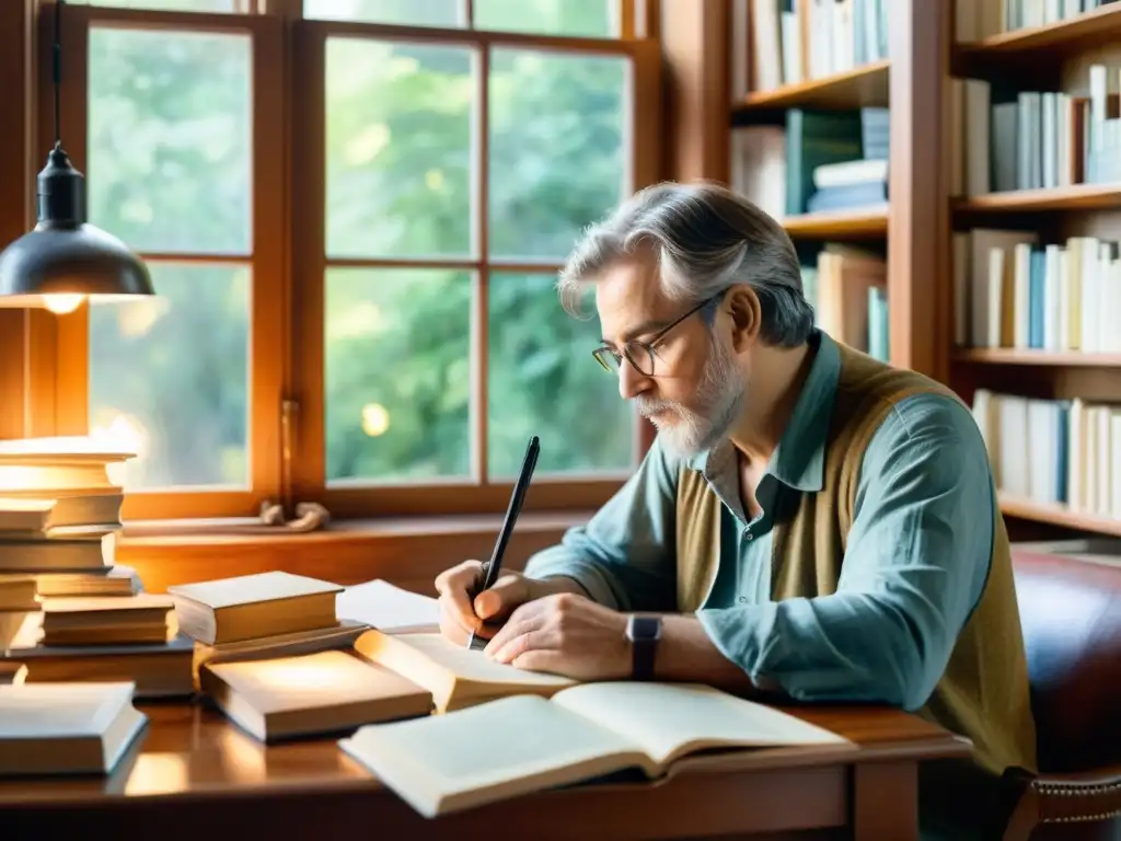 Un poeta moderno se sumerge en la escritura creativa rodeado de libros, en una escena serena de luz natural