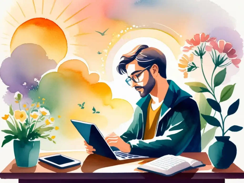 Un poeta moderno se sienta entre flores y dispositivos digitales, inspirado por una luz creativa, usando un software de escritura poética inspiradora