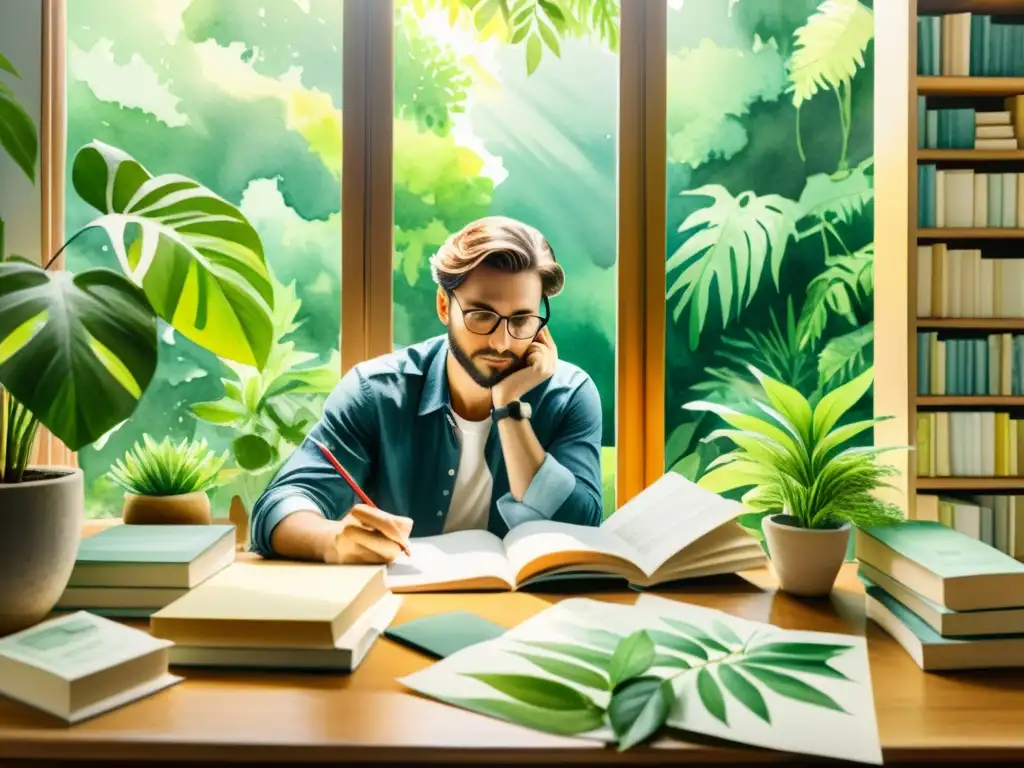 Un poeta moderno reflexivo en su estudio rodeado de naturaleza, libros y luz suave