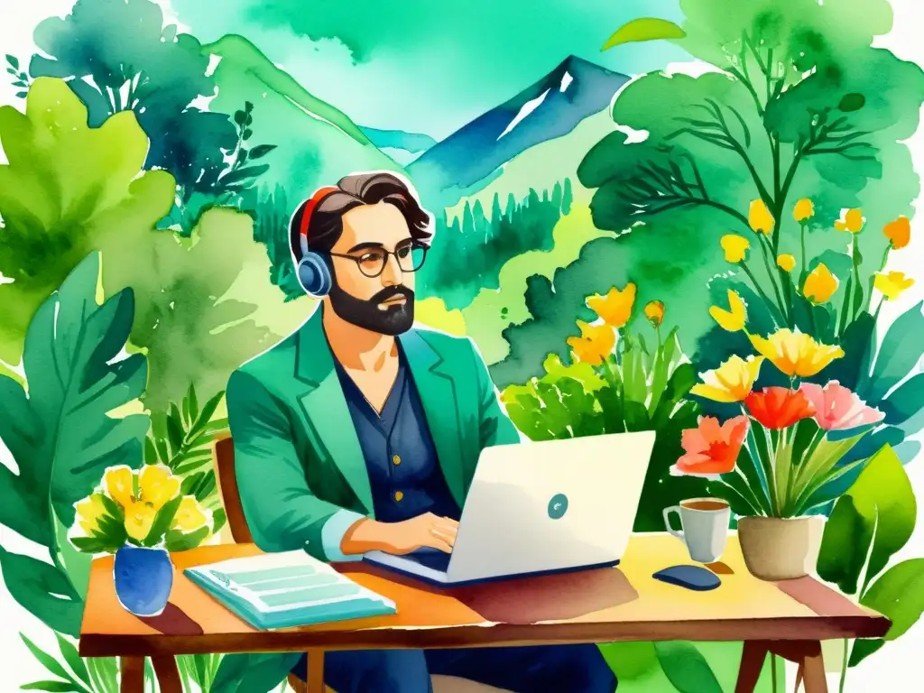 Un poeta moderno se inspira rodeado de naturaleza y flores, usando software de escritura poética inspiradora