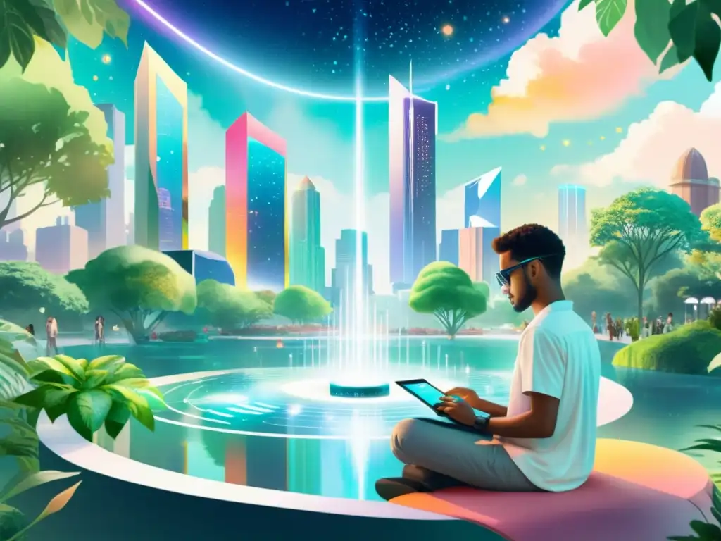 Un poeta NFT crea versos en una ciudad futurista, rodeado de arte digital y herramientas tecnológicas para poetas NFT