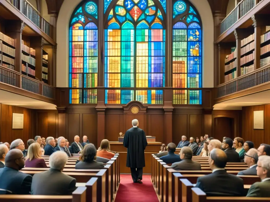 Un poeta defiende su obra en un tribunal, rodeado de libros y personas diversas, en una escena iluminada por luz de vitral