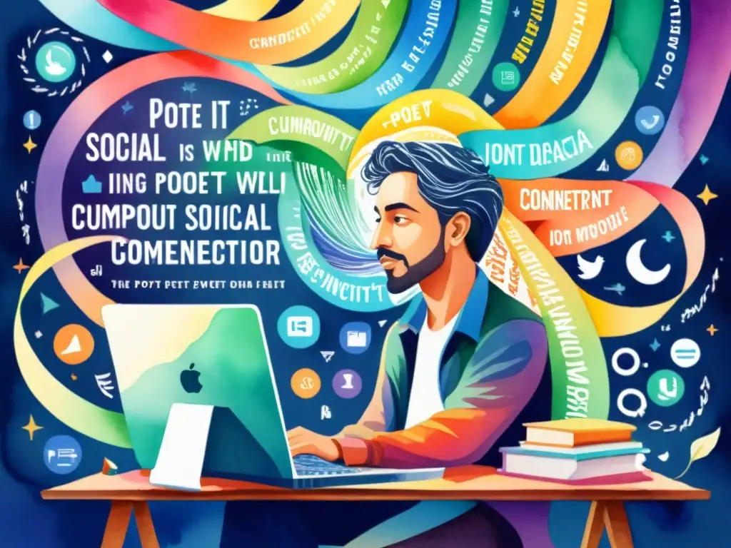 Poeta digital inmerso en Poesía Expandida Un poeta se conecta con plataformas de poesía expandida en una ilustración acuarela vibrante y dinámica