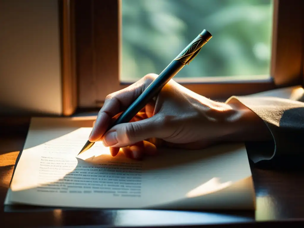 Un poeta se concentra mientras escribe con una pluma en papel texturizado, iluminado por la suave luz natural