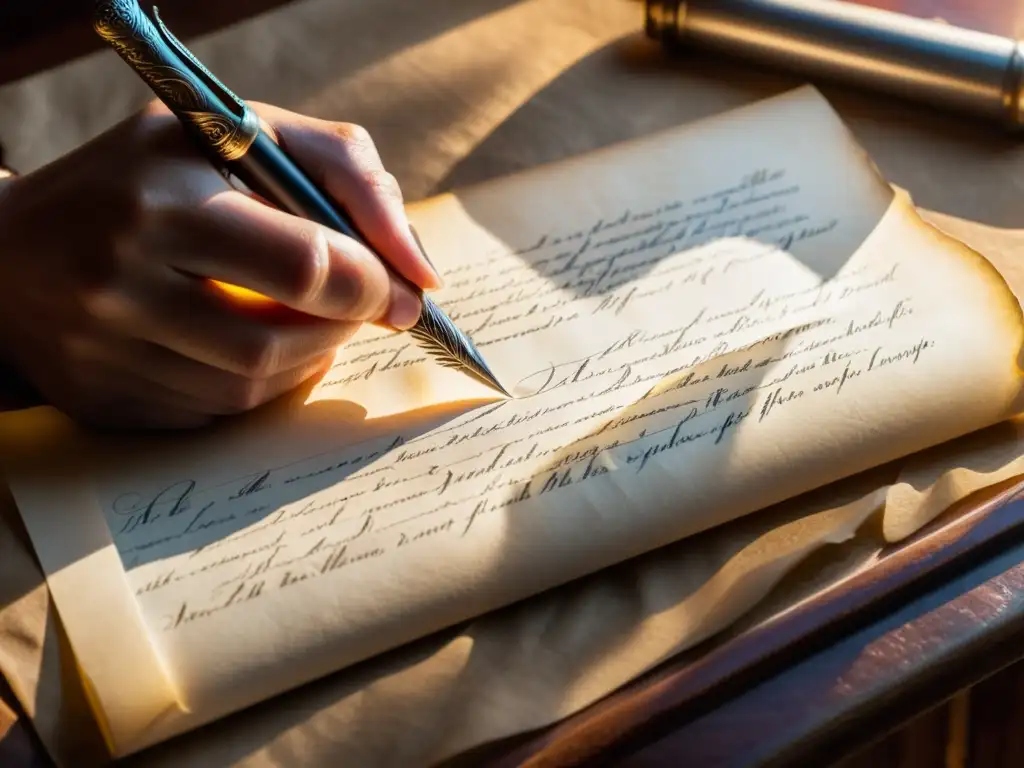 Un poeta escribe con pluma en pergamino iluminado por una lámpara vintage