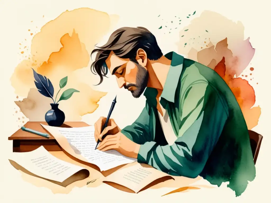 Un poeta escribiendo con pluma rodeado de papel arrugado en una ilustración acuarela