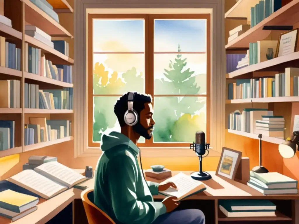 Un poeta grabando su podcast en un estudio acogedor, rodeado de libros y una atmósfera cálida