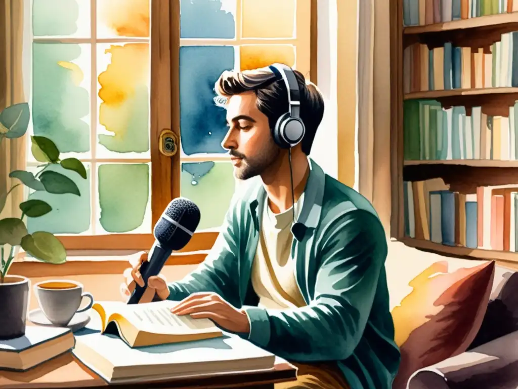 Un poeta grabando un podcast en un rincón acogedor, rodeado de libros y decoración artística