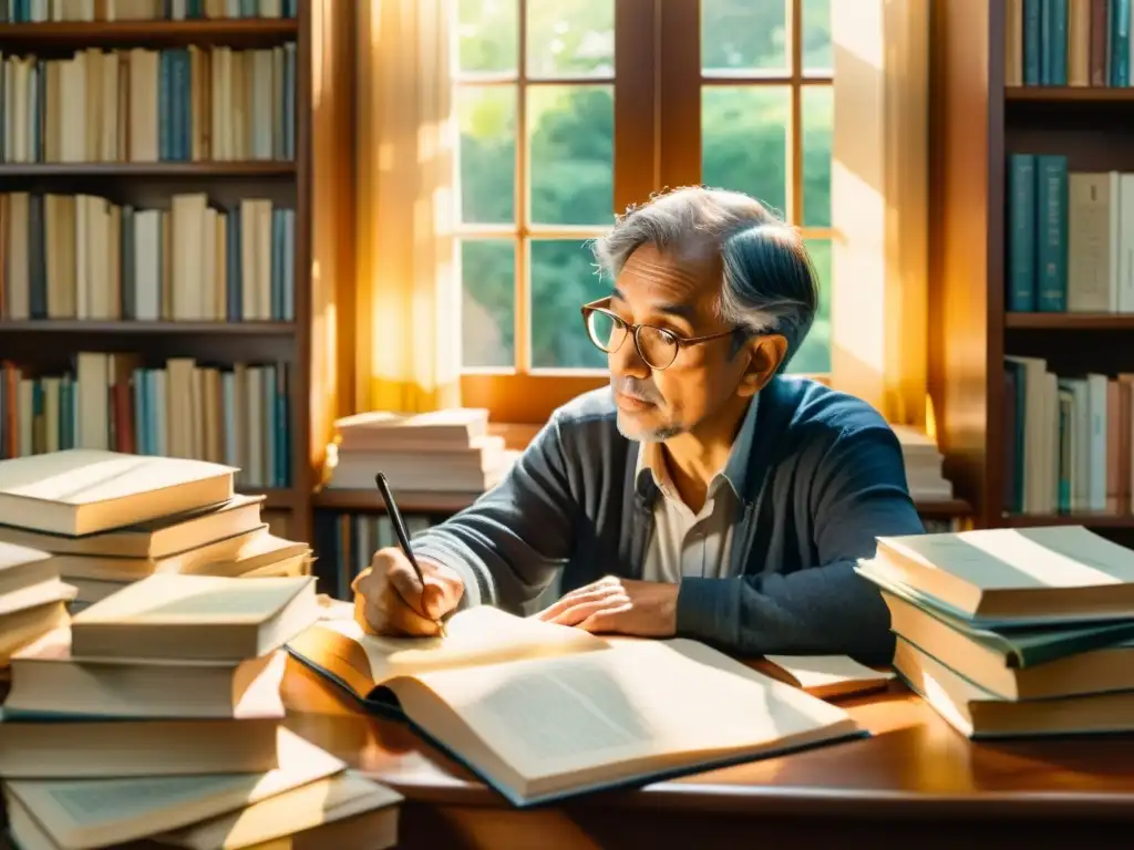 Un poeta traduce poesía con calma en un estudio soleado, rodeado de libros