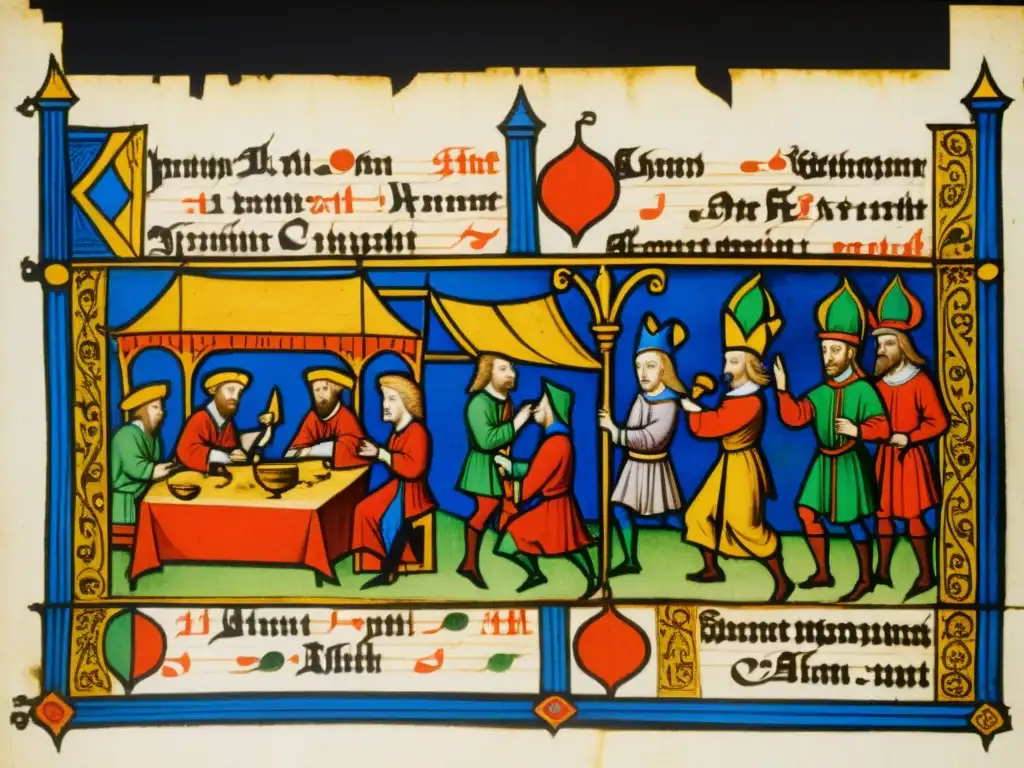 Un poeta recita poesía irreverente en una taberna medieval llena de energía, con músicos, bufones y una multitud bulliciosa