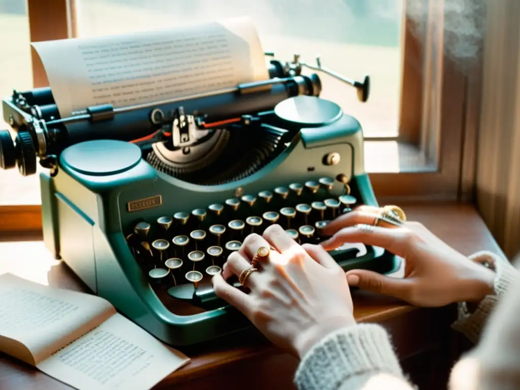 Un poeta crea poesía a través de plataformas en una vieja máquina de escribir, con anillos y pulseras únicos y una atmósfera mágica