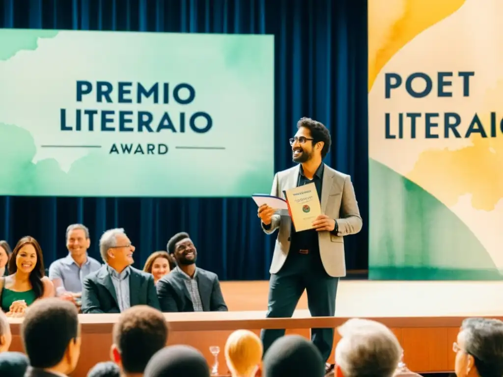 Poeta premiado en escenario, libro 'Premio Literario', gráficos ventas