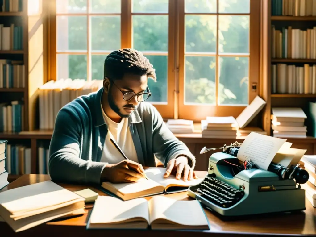 Un poeta escribe el prólogo de su poemario rodeado de libros y papeles, con luz cálida iluminando la escena