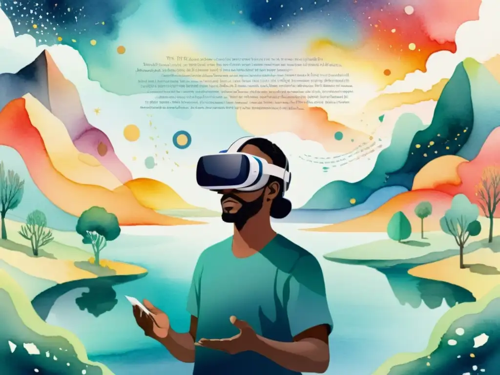 Un poeta en realidad virtual inmersiva, envuelto en versos y paisajes virtuales, en profunda contemplación