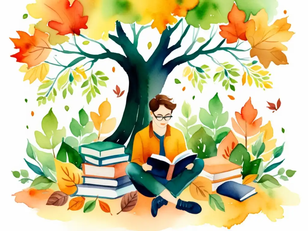 Un poeta reflexivo escribe bajo un árbol, rodeado de libros, en una ilustración acuarela que irradia calidez y tranquilidad