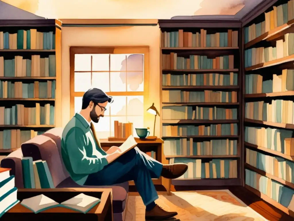 Un poeta reflexivo en una biblioteca acogedora, rodeado de libros, promocionar poesía en Goodreads