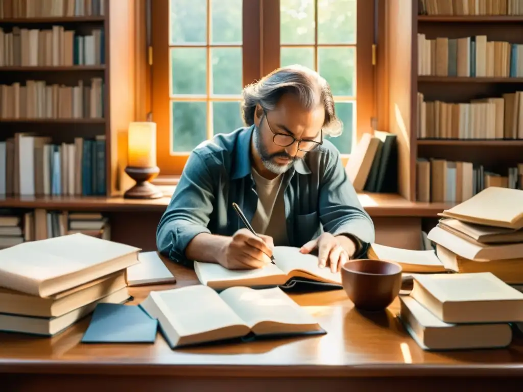 Un poeta reflexivo escribe en un diario de cuero en un estudio soleado lleno de libros y papeles