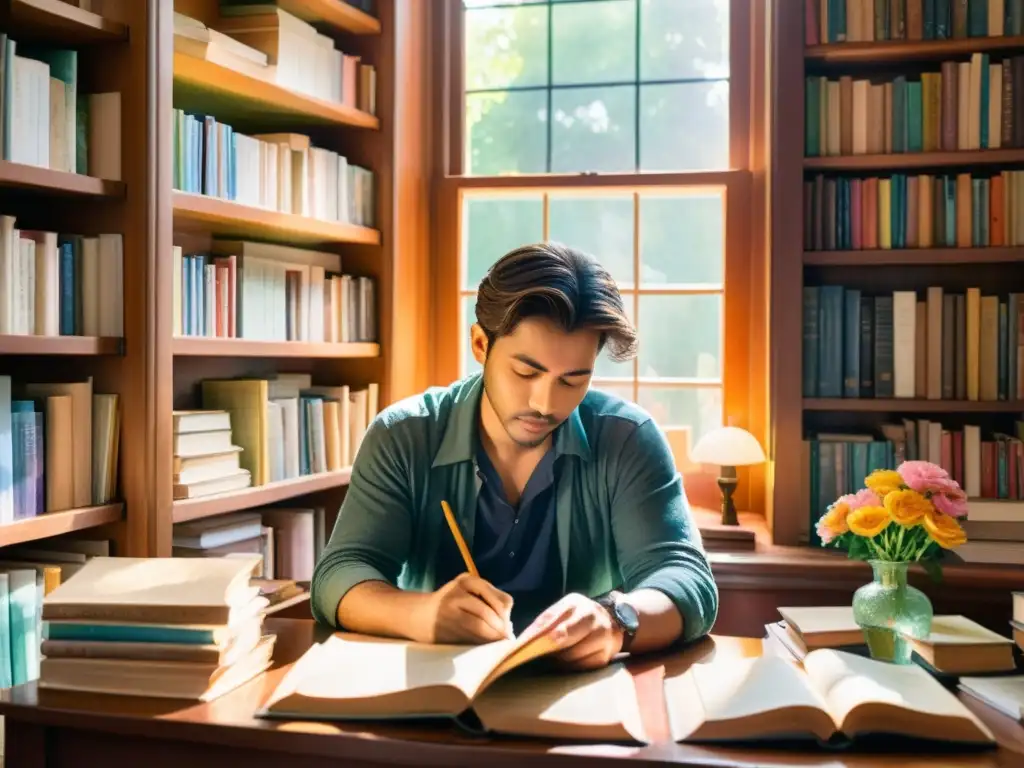 Un poeta reflexivo escribe en su diario rodeado de libros en una habitación llena de luz cálida y polvo en el aire