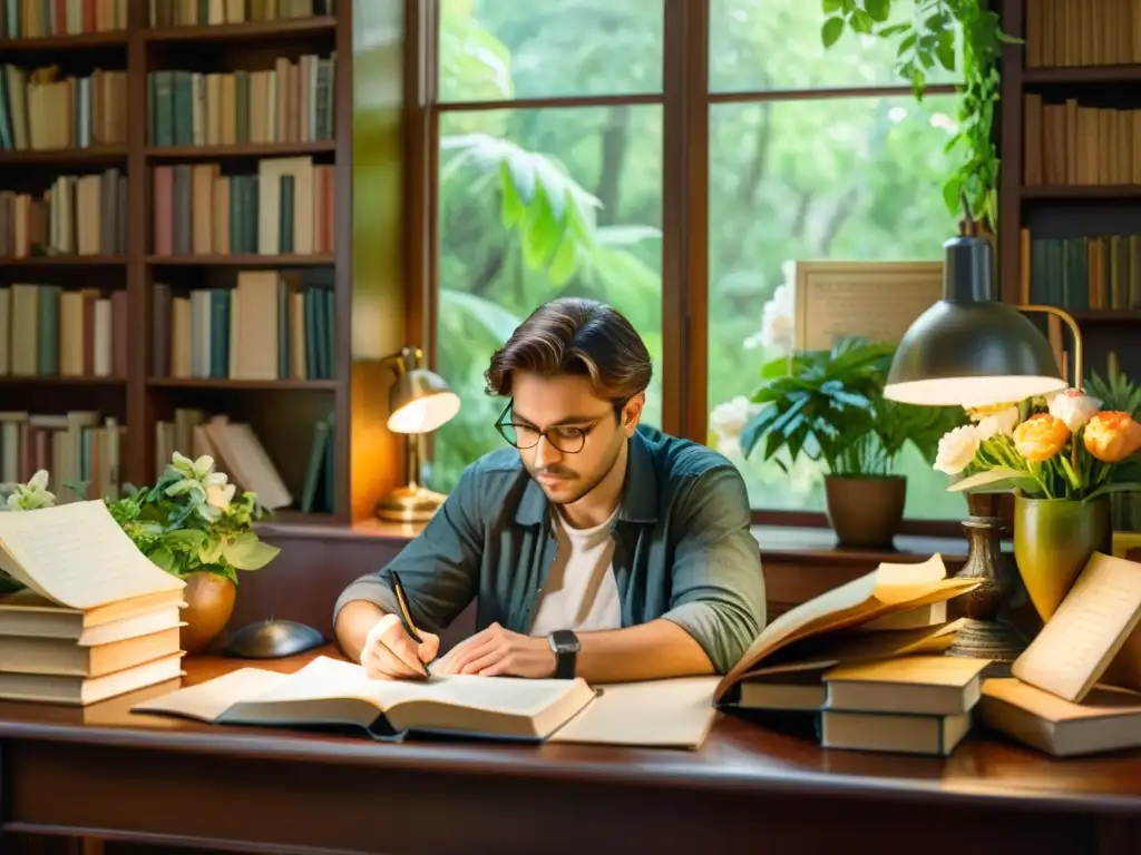 Un poeta reflexivo escribe en su diario rodeado de libros y flores, iluminado por una lámpara