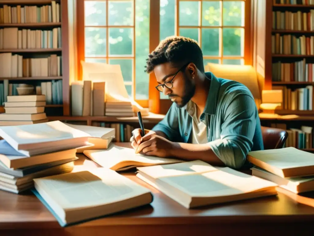 Un poeta reflexivo elige editorial para poetas, rodeado de libros y papeles, iluminado por cálida luz solar