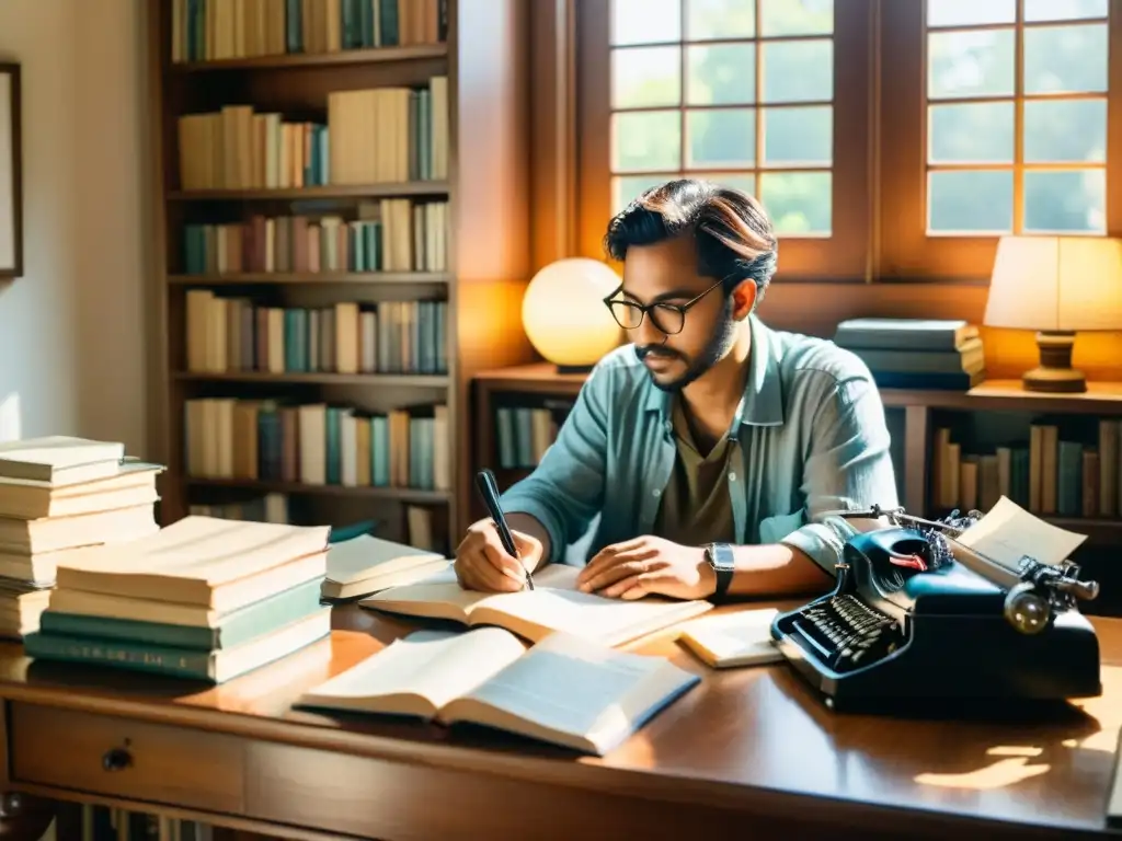 Un poeta reflexivo escribe en su escritorio de madera rodeado de libros y una máquina de escribir vintage