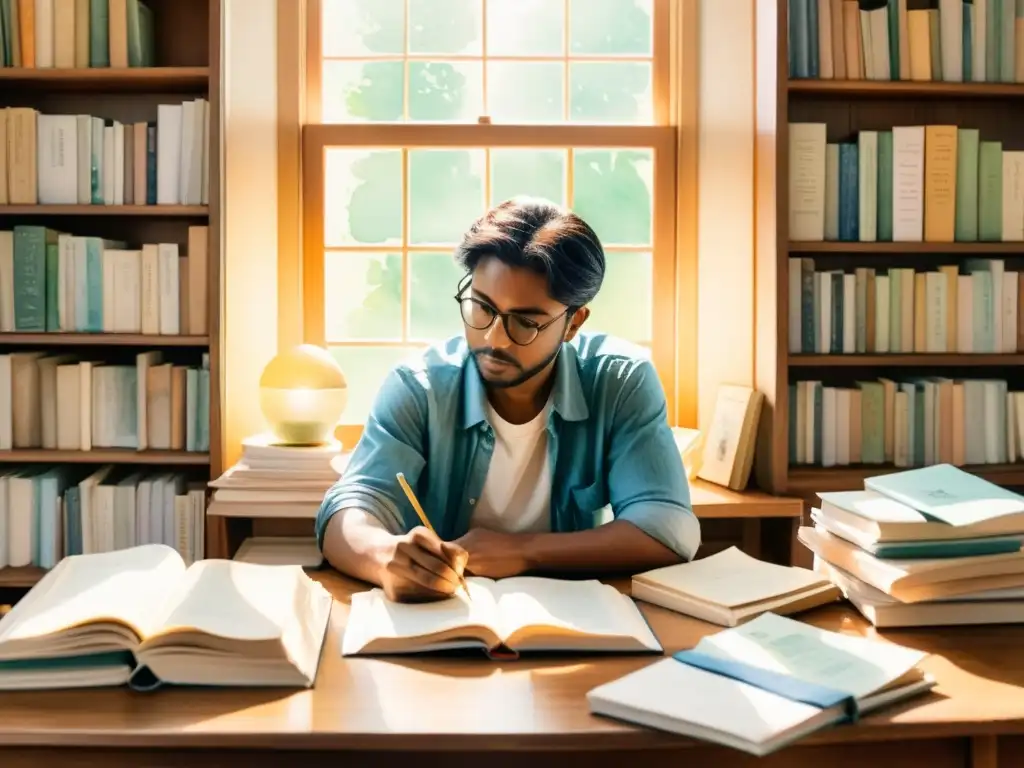 Un poeta reflexivo se sienta en su escritorio, rodeado de revistas de poesía internacional