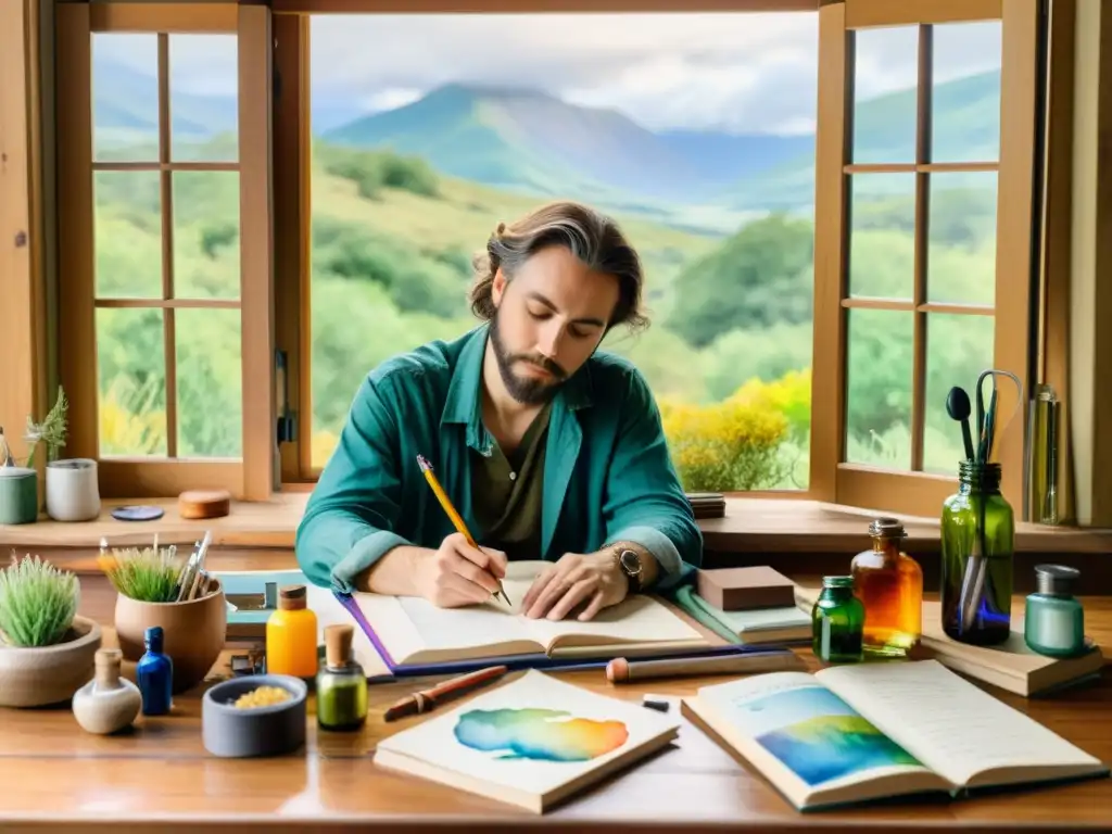 Poeta reflexivo en su escritorio rodeado de un kit de escritura poética, contemplando la naturaleza serena y floreciente