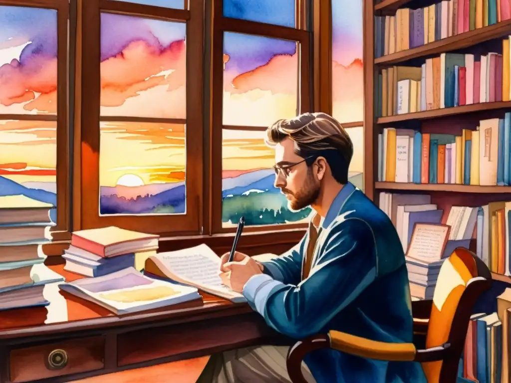 Un poeta reflexivo escribe en su escritorio, rodeado de libros y papeles, mientras contempla un atardecer inspirador