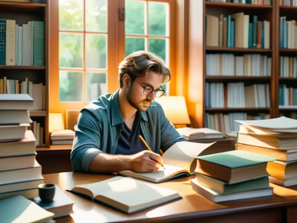 Un poeta reflexivo escribe en su escritorio, rodeado de libros y papeles, bañado por la cálida luz del sol