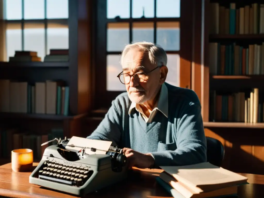 Un poeta reflexivo en su estudio, listo para crear, rodeado de libros y papeles