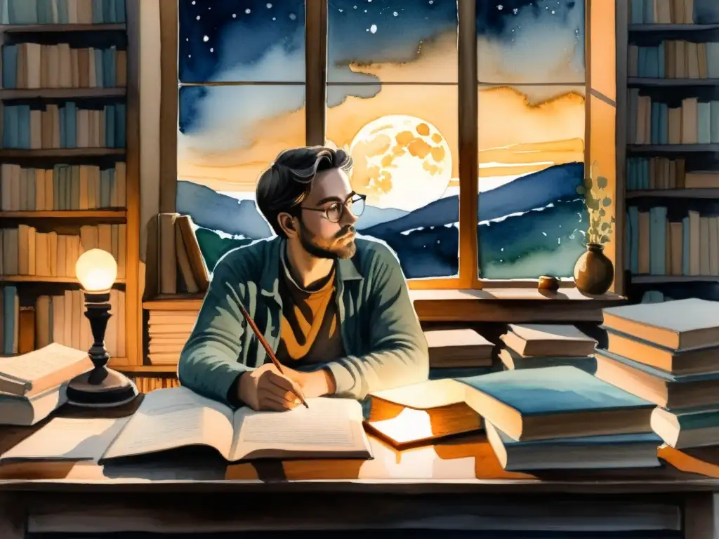 Un poeta reflexivo en su estudio, rodeado de libros y papeles, contemplando la noche iluminada por la luna para inspirarse