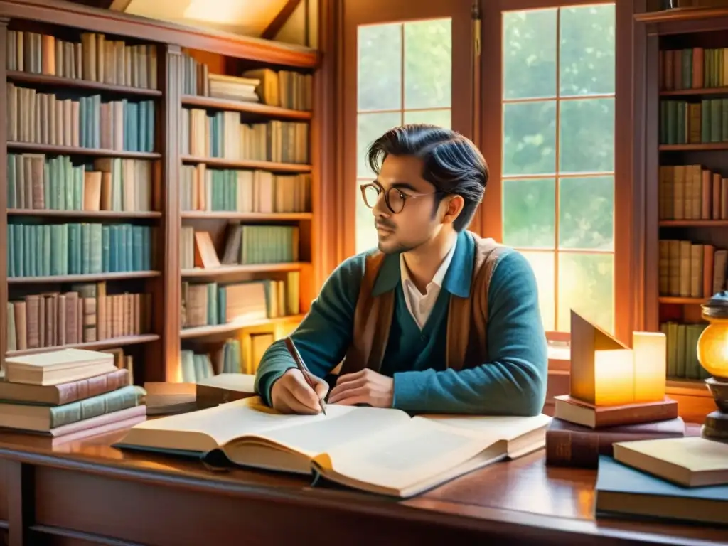 Un poeta reflexivo en su estudio, rodeado de libros y una cálida atmósfera