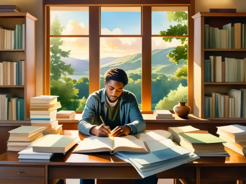 Un poeta reflexivo en su estudio rodeado de libros, contemplando un paisaje tranquilo, inspirador