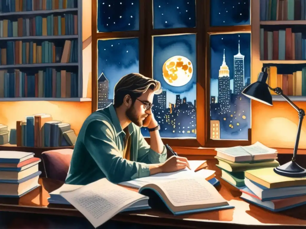 Un poeta reflexivo en su estudio, rodeado de libros y papeles, con una luz suave iluminando la escena